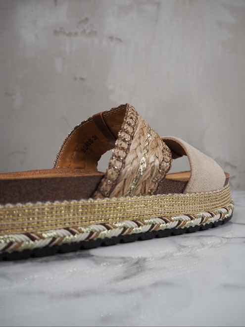 italienische mode kleiber werksverkauf Beige geflochtene Espadrilles-Sandalen mit goldenen Akzenten