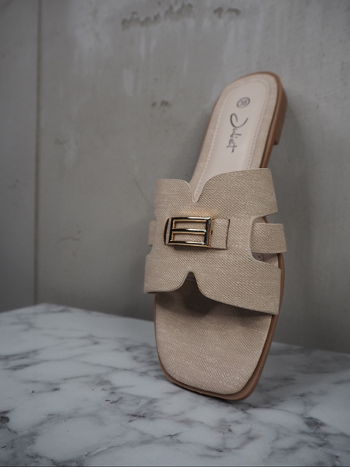 italienische mode kleiber werksverkauf Beige Damen-Slides mit goldenem Schnallendetail