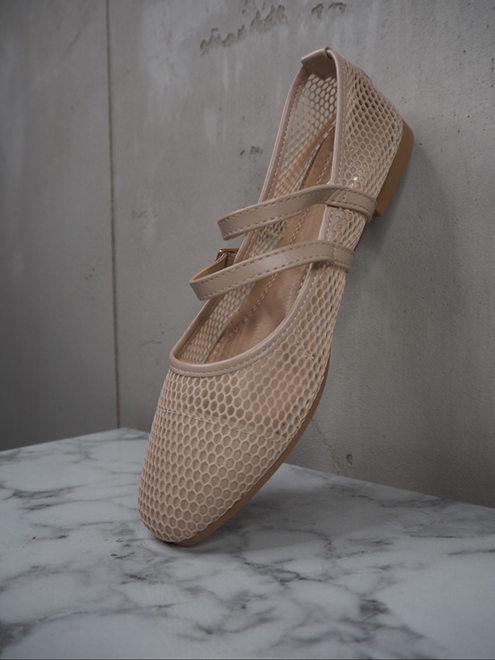 italienische mode kleiber werksverkauf Beige Ballerinas aus Netzstoff mit Doppelriemen