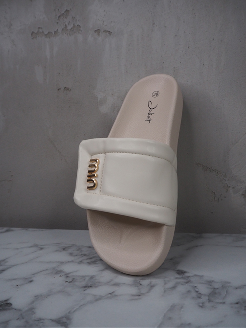 italienische mode kleiber werksverkauf Cremefarbene Juliet-Slides mit goldenem „min“-Logo