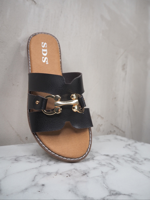 italienische mode kleiber werksverkauf Schwarze Slide-Sandalen aus Leder mit goldener Schnalle. Marke SDS.