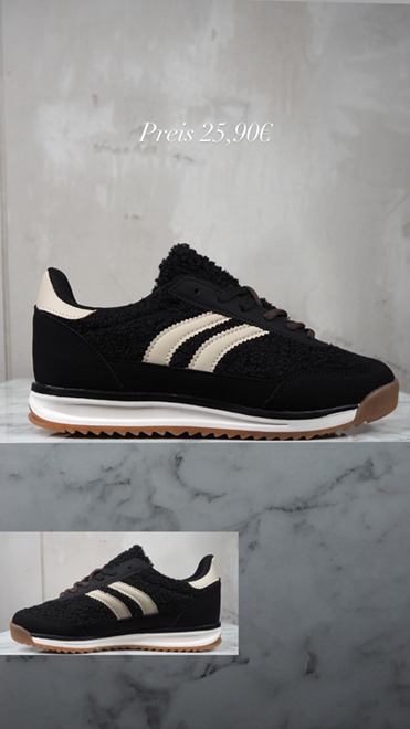 italienische mode kleiber werksverkauf Schwarze Sneaker mit cremefarbenen Streifen und weißer Sohle, perfekt für die Herbstmode. Preis: 25,90 €