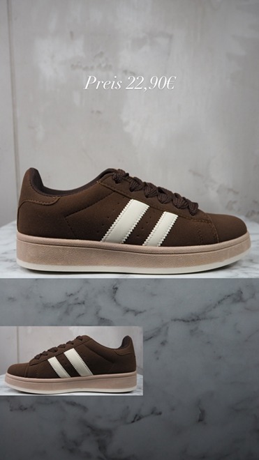 italienische mode kleiber werksverkauf Braune Sneaker mit weißen Streifen, Preis 22,90€, perfekt für die Freizeitmode.