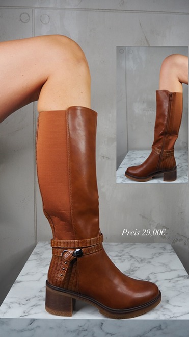 italienische mode kleiber werksverkauf Kniehohe Herbststiefel aus braunem Leder mit Schnallendetail, Preis 29,00 €