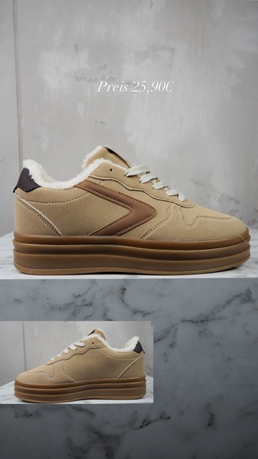 italienische mode kleiber werksverkauf Beige Winter-Sneaker mit Kunstfellfutter. Preis 25,90€