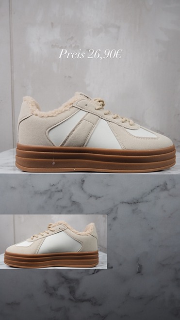 italienische mode kleiber werksverkauf Cremefarbene Plateau-Sneaker mit Kunstfellfutter, Preis 26,90 €.