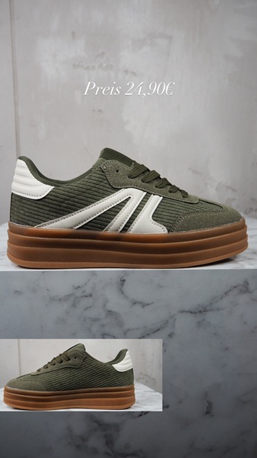 italienische mode kleiber werksverkauf Grüne Sneaker mit weißen Akzenten und brauner Sohle. Preis 24,90€.