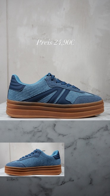 italienische mode kleiber werksverkauf Blaue Plateau-Sneaker mit brauner Sohle, "Preis 24,90€" sichtbar.