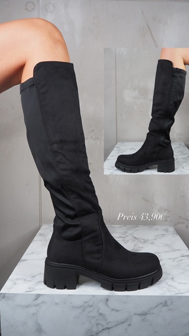 italienische mode kleiber werksverkauf Schwarze kniehohe Stiefel mit klobigem Absatz. Preis 43,90€