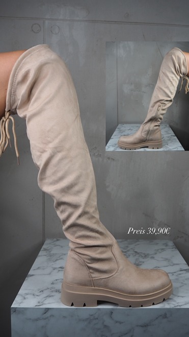 italienische mode kleiber werksverkauf Beige Overknee-Stiefel mit dicker Sohle, perfekt für die Herbstmode. Preis 39,90 €