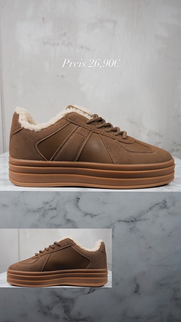 italienische mode kleiber werksverkauf Braune Wildleder-Winter-Sneaker mit Kunstfellfutter. Preis 26,90€.