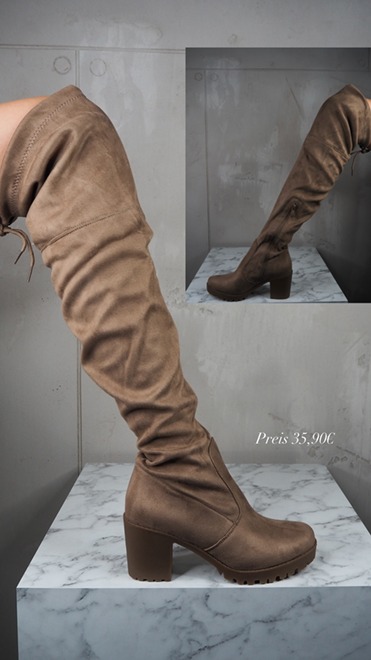 italienische mode kleiber werksverkauf Taupe Overknee-Stiefel auf Marmoroberfläche. Preis: 35,90 €