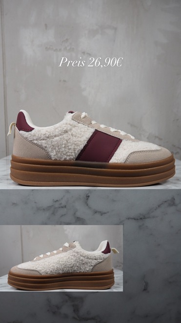 italienische mode kleiber werksverkauf Cremefarbene, gemütliche Sneaker mit burgunderfarbenem Streifen und Plateausohle, Preis 26,90 €