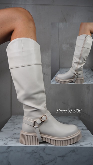 italienische mode kleiber werksverkauf Beige kniehohe Stiefel mit dicker Sohle und Schnallendetail. Preis: 35,90 €