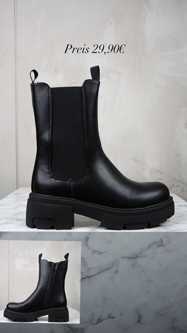 italienische mode kleiber werksverkauf Schwarze Chelsea Boots mit dicker Sohle. Preis 29,90€.