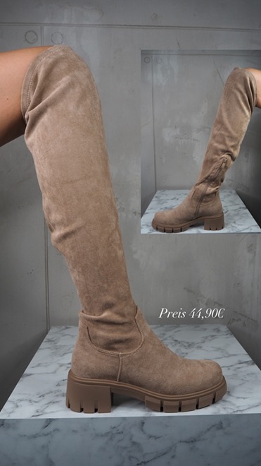 italienische mode kleiber werksverkauf Overknee-Stiefel aus hellbraunem Wildleder mit dicker Sohle. Preis: 44,90 €