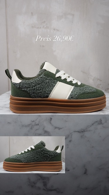 italienische mode kleiber werksverkauf Grün-weiße stylische Sneaker mit brauner Sohle. Preis: 26,90 €