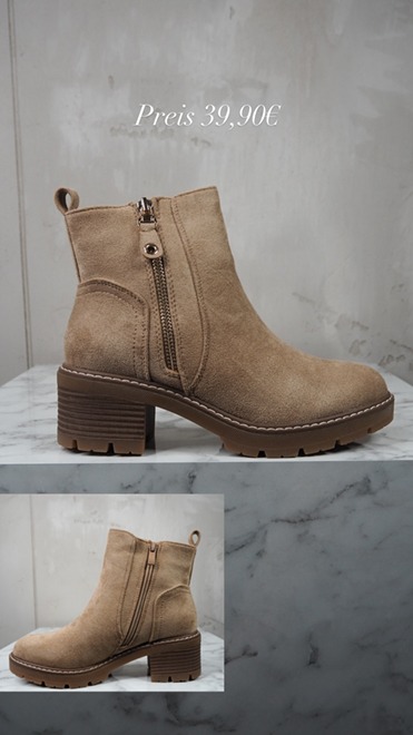 italienische mode kleiber werksverkauf Hellbraune Wildlederstiefeletten mit Reißverschluss, Preis 39,90 €, perfekt für die Herbstmode.