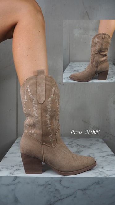 italienische mode kleiber werksverkauf Hellbraune Cowboystiefel aus Wildleder mit Ziernähten, Preis 39,90 €.