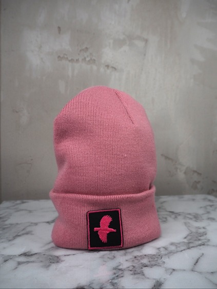 italienische mode kleiber werksverkauf Rosa Beanie mit schwarz-rosa Vogel-Patch, Wintermütze Mode