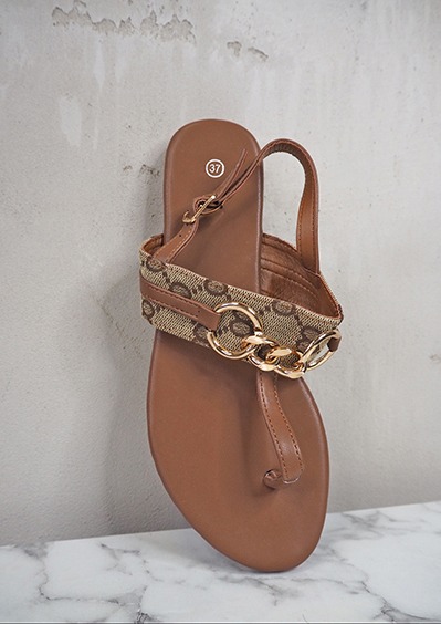 italienische mode kleiber werksverkauf Brauner Riemchensandalen mit Monogramm-Detail und goldener Kette