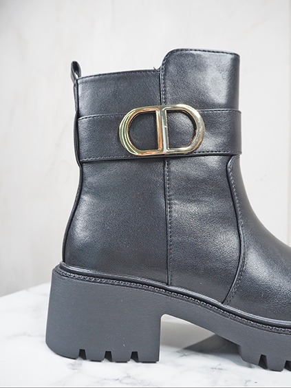 italienische mode kleiber werksverkauf Schwarzer Damen-Schnürstiefel mit goldener Schnalle und dicker Sohle