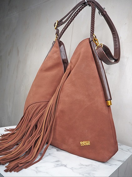 italienische mode kleiber werksverkauf Braune Wildleder-Tasche mit Fransen und Enrico Coveri Logo