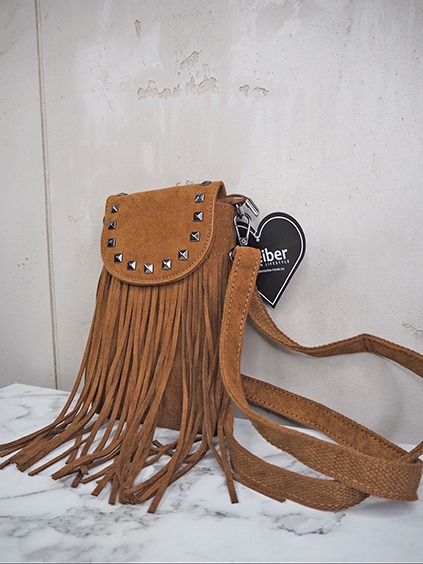 italienische mode kleiber werksverkauf Braune Wildleder-Tasche mit Fransen und Nieten