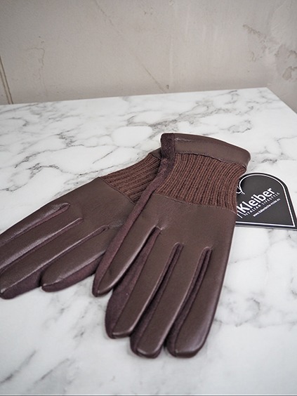 italienische mode kleiber werksverkauf Braune Lederhandschuhe mit Strickbündchen und Markenetikett